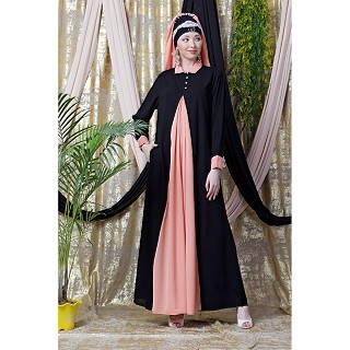 Collared Casual abaya - Black-Peach color